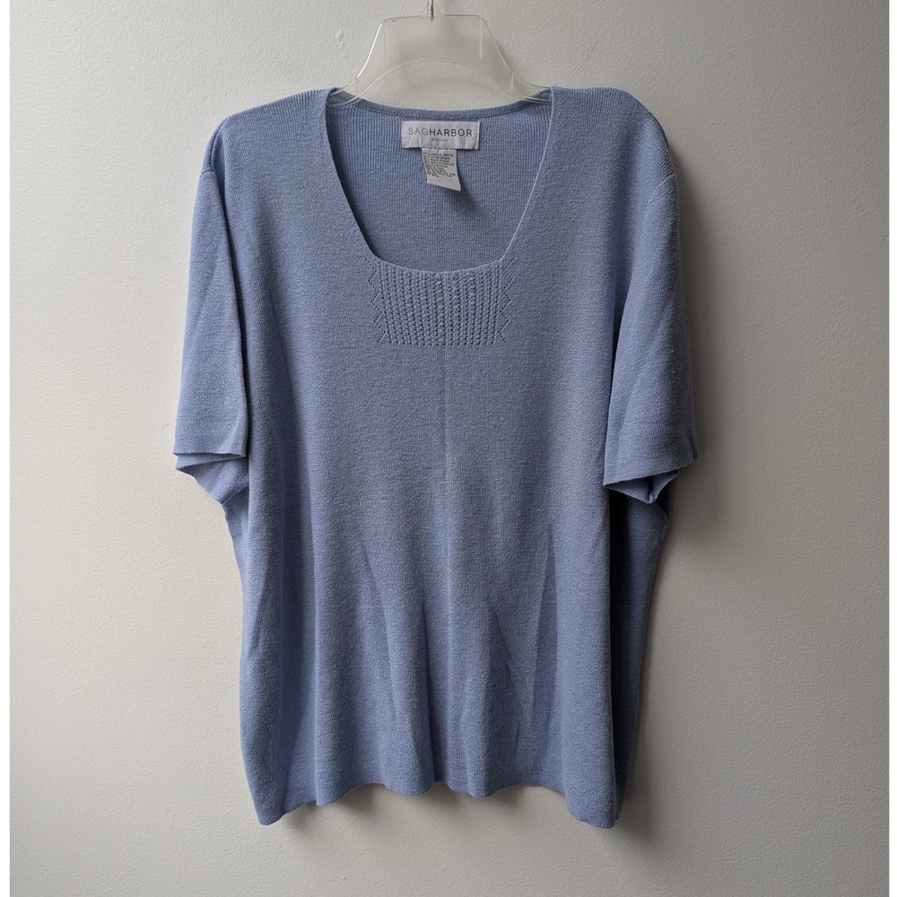 Vtg Short Sleeve Sweater Knit Top Light Blue Pointelle Square Neck 2X Cozy